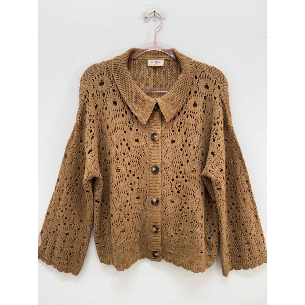 Umgee Cardigan Medium Brown Pointelle Open Knit Button Front Collar Sweater